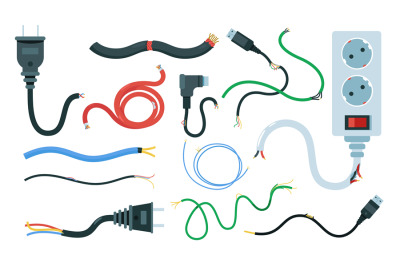 Damaged electric cables. Electric wiring circuit with broken insulatio