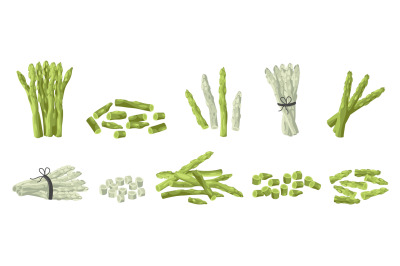 Whole and cut asparagus. Organic asparagus sticks and spears, fresh fa