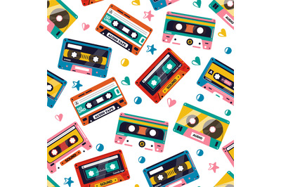 Tape cassette pattern. Seamless print of old outdated tape audio casse