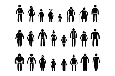 Stick family people. Cartoon muscular and skinny male and female chara