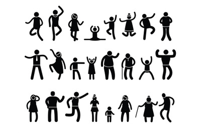 Stick people poses. Black silhouettes of stickman characters in differ