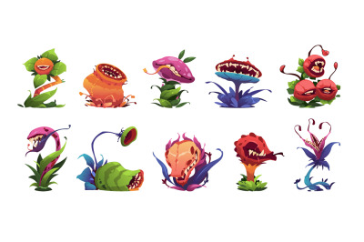 Monster plants. Cartoon scary carnivorous plants, evil alien green pla