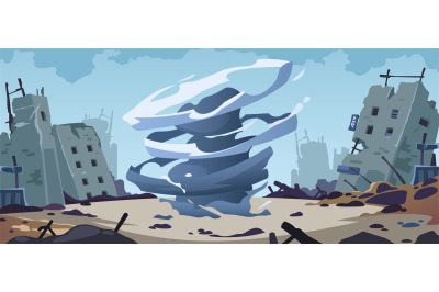 Tornado catastrophe background. Cartoon hurricane windstorm destructio