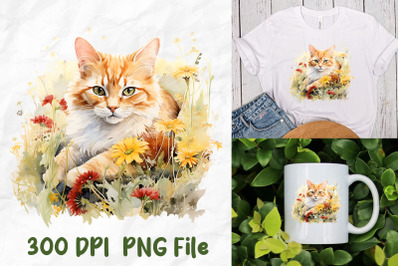 Cute Orange Cat Garden Of Wild Flowers