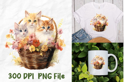 Cute Cats Sit In Basket Of Wild Flowers