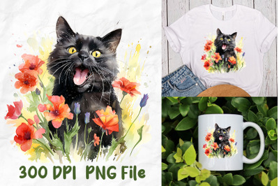 Black Cat Smile Tongue Out Wild Flowers