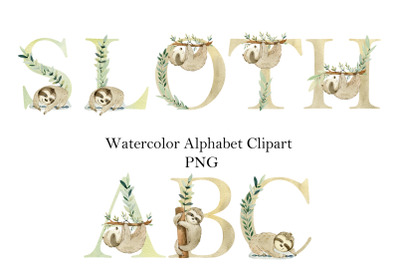 Watercolor alphabet with sloths.