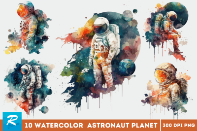 Watercolor Astronaut Planet Clipart Bundle