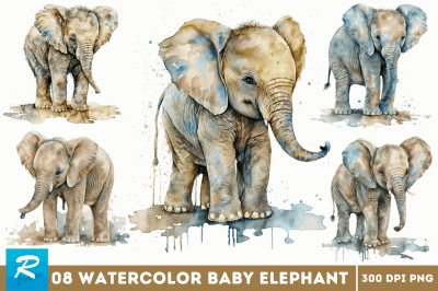 Watercolor Baby Elephant Clipart Bundle