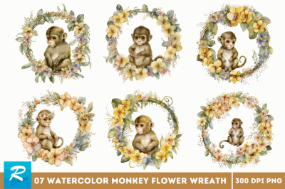 Watercolor Baby Monkey Flower Wreath Clipart Bundle