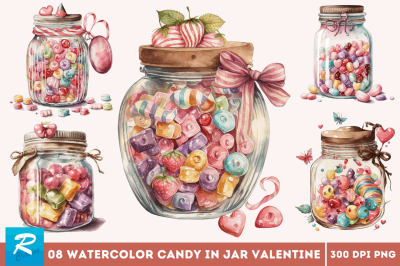 Watercolor Candy in Jar Valentine Day Clipart Bundle
