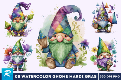 Watercolor Cute Gnome Mardi Gras Clipart Bundle