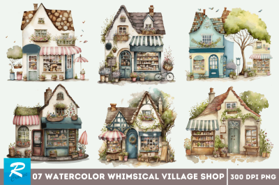 Watercolor Whimsical Village Shop Clipart Bundle