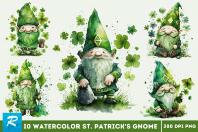 Watercolor St. Patricks Happy Green Gnome Clipart Bundle