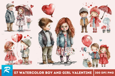 Watercolor Boy and Girl Valentine Clipart Bundle