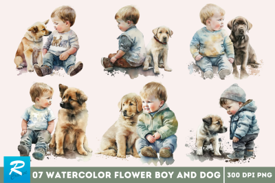 Watercolor Cute Baby Boy and Dog Clipart Bundle
