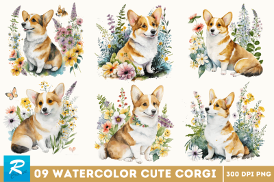 atercolor Cute Corgi and Flowers Clipart Bundle