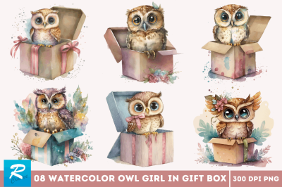 Watercolor Cute Owl Girl in Gift Box Clipart Bundle