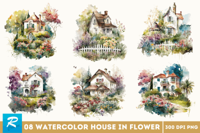 Watercolor House in Flower Garden Clipart Bundle