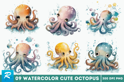 Watercolor Cute Octopus Clipart Bundle