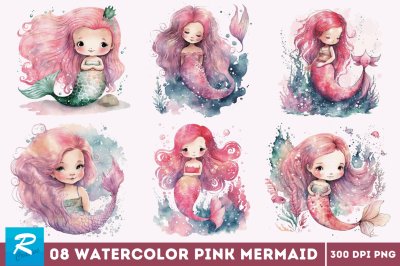 Watercolor Cute Pink Mermaid Clipart Bundle