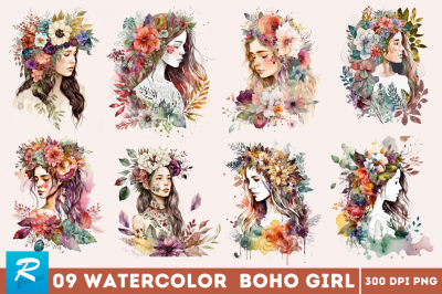 Watercolor Floral Boho Girl Clipart Bundle