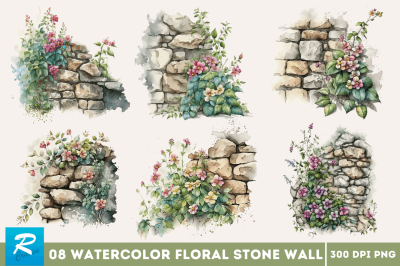 Watercolor Floral Stone Wall Clipart Bundle