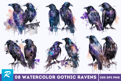 Watercolor Gothic Ravens Clipart Bundle