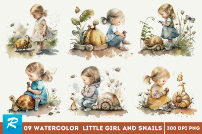 Watercolor Little Girl and Snails Clipart Bundle