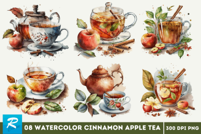 Watercolor Cinnamon Apple Tea Clipart Bundle