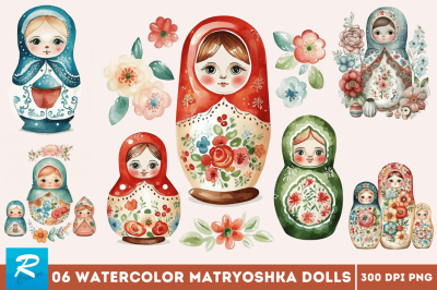 Watercolor Matryoshka Dolls Clipart Bundle