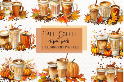 Fall Coffee Watercolor Clipart, Pumpkin