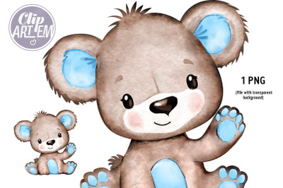 Cute Baby Bear with Blue Ears Waving Hand PNG Clip Art Image Decor