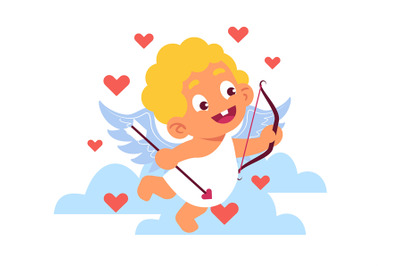 Little cupid in clouds with bow and arrow. Baby angel with with wings.