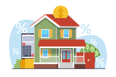 Mortgage loan concept, house with money, gold coins, calculator and wa