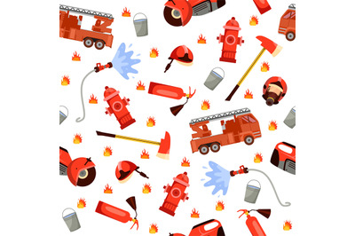 Seamless pattern with elements of firefighting red equipment. Fire tru