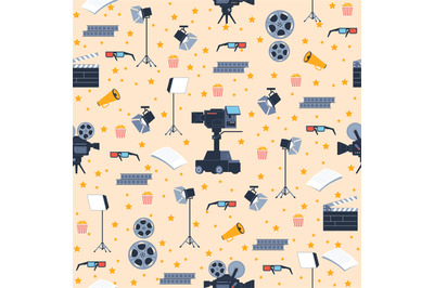 Seamless pattern with elements of movie industry. Filmmaking equipment