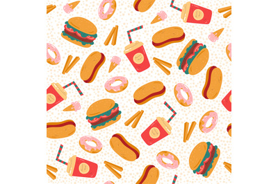 Seamless pattern with hamburgers, fries and drinks. Delicious grill me