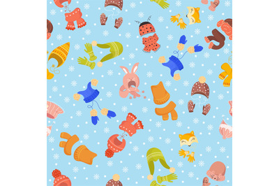 Seamless pattern with winter knitted hats and mittens. Decor textile,