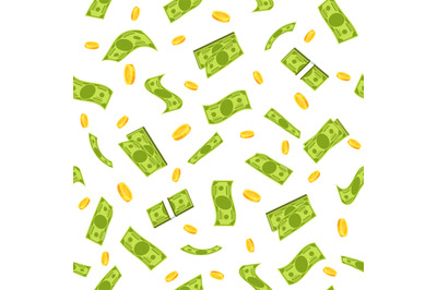 Seamless pattern with bundles of money and coins. Financial background