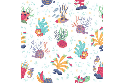 Seamless pattern with corals and seaweeds. Underwater inhabitants, fis