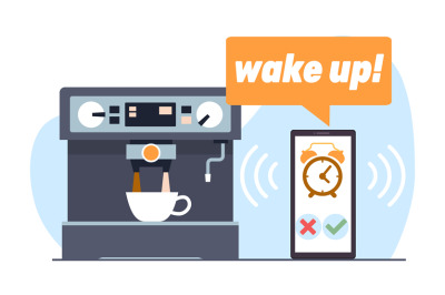 Start your morning by making coffee. Smartphone with alarm clock, coff