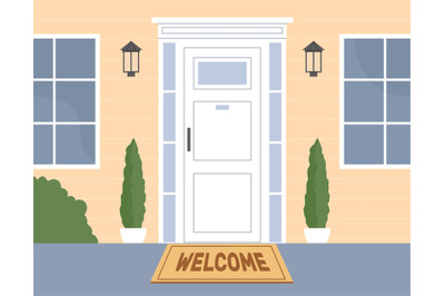 Street view of front door of house, with flower pots, lanterns and ent