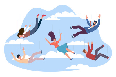 Various men and women fall in sky among clouds. Falling characters in