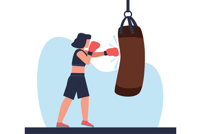 Young athletic woman punches punching bag. Woman boxing in gloves. You