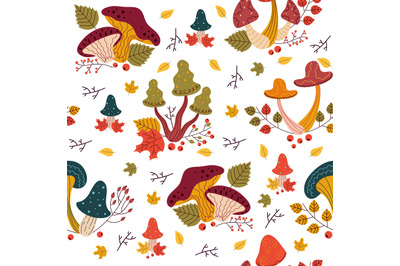 Seamless pattern with different mushrooms. Autumn season background. w