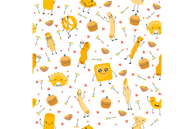 Seamless pattern with dough products. Funny italian food characters, c