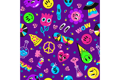 Seamless pattern with abstract designs. Acid colours crazy trippy icon