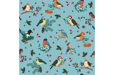 Seamless pattern with different birds on branches. Forest characters c