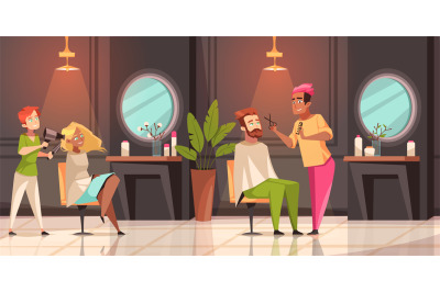 Happy people in barbershop. Cartoon visitors at hairdressers, cute man